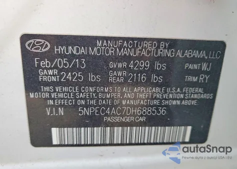 2013 Hyundai Sonata Se z USA, uszkodzony, nr VIN 5NPEC4AC7DH688536